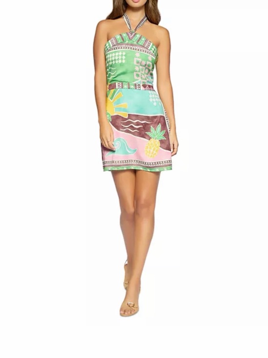 Lost + Wander Dresses & Skirts - Lost + Wander Tropical Print Halter Mini Dress in Green, Pink, Yellow